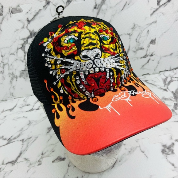 Ed Hardy Tiger BlackOrangeYellowRed Rhinestone Trucker Hat NWT